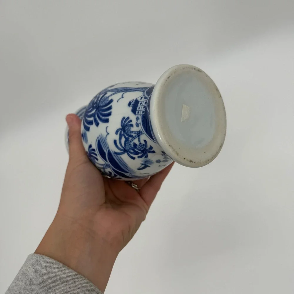 Blue and White Porcelain Bud Vase Palm Tree Tropical Coastal Decor 5.5 Inch